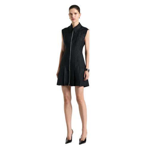 Cue Black Linen Blend Zip Pleated Mini Dress